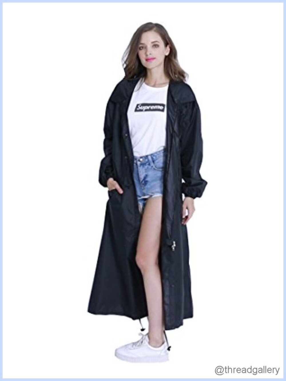 Womens Long Raincoat Hood Zip Lightweight Packable Knee Length